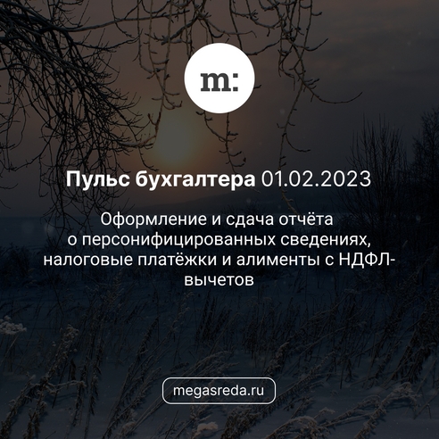 📨 Пульс бухгалтера 01.02.2023: оформление и сдача отчёта о персонифицированных сведениях, налоговые платёжки и алименты с НДФЛ-вычетов 📨 Пульс бухгалтера 01.02.2023: оформление и сдача отчёта о персонифицированных сведениях, налоговые платёжки и алименты с НДФЛ-вычетов