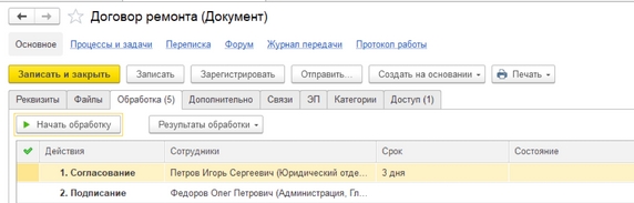 Рис. 39. Карточка документа – вкладка «Обработка» до запуска процесса по документу