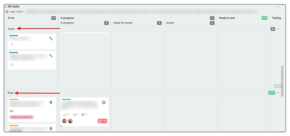 Доска All tasks поделена на 2 дорожки. На второй дорожке ведется работа с багами. Доска All tasks поделена на 2 дорожки. На второй дорожке ведется работа с багами.