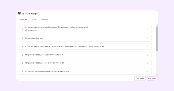 Автоматизации настроены для перемещения связанных карточек, автоматического перемещения карточки при выполнении чек-листа, назначения ответственного Автоматизации настроены для перемещения связанных карточек, автоматического перемещения карточки при выполнении чек-листа, назначения ответственного