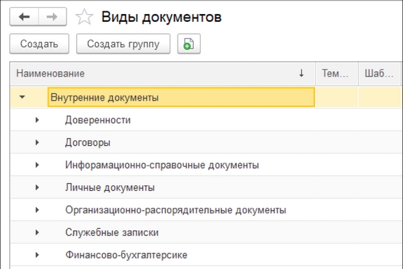 Рис. 2. Справочник «Виды документов» – группа видов документов «Внутренние документы»