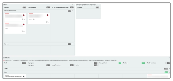 Пространство саппорта: сверху – доска Баги, снизу – продублирована доска All tasks из пространства разработки. Пространство саппорта: сверху – доска Баги, снизу – продублирована доска All tasks из пространства разработки.