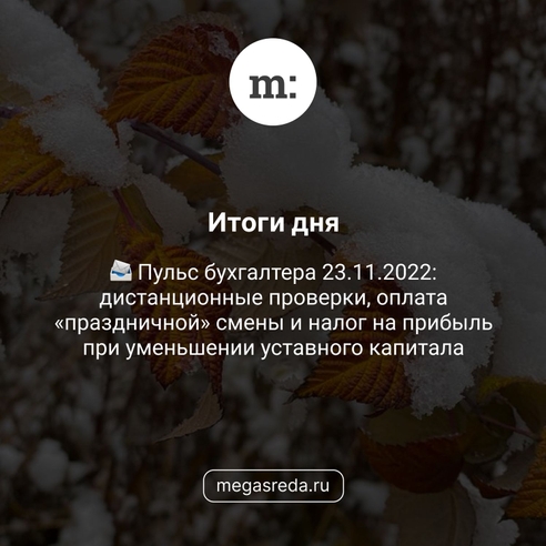 📨 Пульс бухгалтера 23.11.2022: дистанционные проверки, оплата «праздничной» смены и налог на прибыль при уменьшении уставного капитала  📨 Пульс бухгалтера 23.11.2022: дистанционные проверки, оплата «праздничной» смены и налог на прибыль при уменьшении уставного капитала