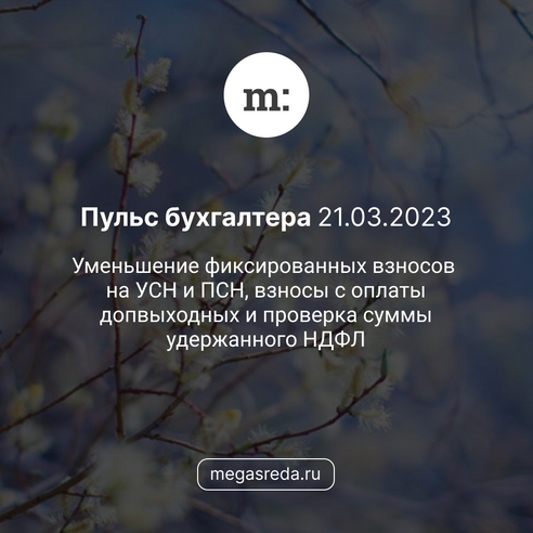 📨 Пульс бухгалтера 21.03.2023: уменьшение фиксированных взносов на УСН и ПСН, взносы с оплаты допвыходных и проверка суммы удержанного НДФЛ  📨 Пульс бухгалтера 21.03.2023: уменьшение фиксированных взносов на УСН и ПСН, взносы с оплаты допвыходных и проверка суммы удержанного НДФЛ