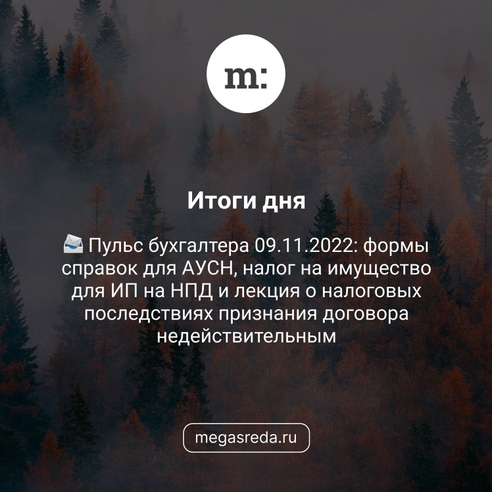 📨 Пульс бухгалтера 09.11.2022: формы справок для АУСН, налог на имущество для ИП на НПД и лекция о налоговых последствиях признания договора недействительным 📨 Пульс бухгалтера 09.11.2022: формы справок для АУСН, налог на имущество для ИП на НПД и лекция о налоговых последствиях признания договора недействительным