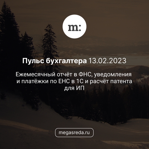 📨 Пульс бухгалтера 13.02.2023: ежемесячный отчёт в ФНС, уведомления и платёжки по ЕНС в 1С и расчёт патента для ИП 📨 Пульс бухгалтера 13.02.2023: ежемесячный отчёт в ФНС, уведомления и платёжки по ЕНС в 1С и расчёт патента для ИП