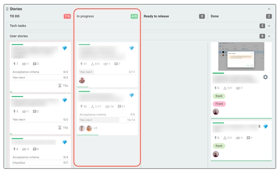 Колонка «В работе», куда попадают карточки историй, прошедшие технический грумминг. Колонка «В работе», куда попадают карточки историй, прошедшие технический грумминг.