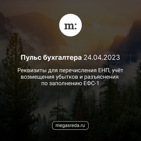 📨 Пульс бухгалтера 24.04.2023: реквизиты для перечисления ЕНП, учёт возмещения убытков и разъяснения по заполнению ЕФС-1 📨 Пульс бухгалтера 24.04.2023: реквизиты для перечисления ЕНП, учёт возмещения убытков и разъяснения по заполнению ЕФС-1
