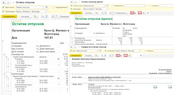 Рис. 2. Отчеты по остаткам отпусков сотрудников в программе «1С:Зарплата и управление персоналом 8» ред. 3