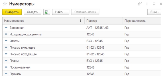 Рис. 5. Список существующих нумераторов