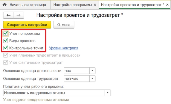 Рис. 1. Раздел «Настройка проектов и трудозатрат» – установка флагов