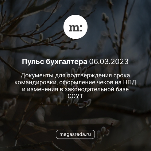 📨 Пульс бухгалтера 06.03.2023: документы для подтверждения срока командировки, оформление чеков на НПД и изменения в законодательной базе СОУТ 📨 Пульс бухгалтера 06.03.2023: документы для подтверждения срока командировки, оформление чеков на НПД и изменения в законодательной базе СОУТ