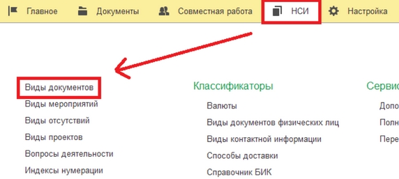 Рис. 1. Раздел «НСИ» – справочник «Виды документов»