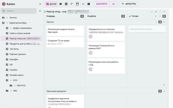 Пространство digital-сообщества в Kaiten, одна из рабочих досок Пространство digital-сообщества в Kaiten, одна из рабочих досок