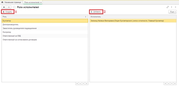 Рис. 13. Справочник «Роли исполнителей» (1 – кнопка «Создать» для создания роли; 2 – кнопка «Добавить» для назначения сотрудников на роль)