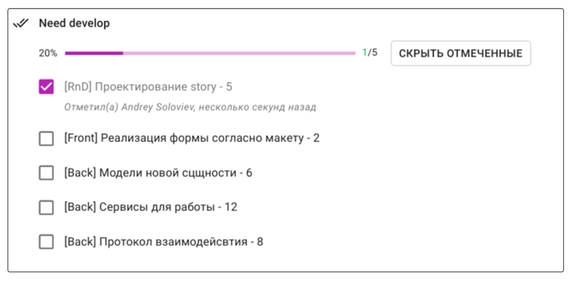 Чек-лист внутри карточки истории. Каждый пункт – отдельная подзадача со своим размером. Чек-лист внутри карточки истории. Каждый пункт – отдельная подзадача со своим размером.