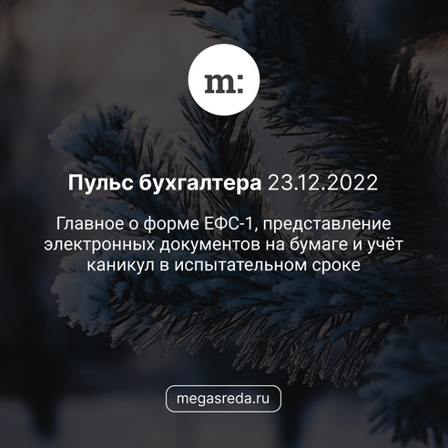 📨 Пульс бухгалтера 23.12.2022: главное о форме ЕФС-1, представление электронных документов на бумаге и учёт каникул в испытательном сроке  📨 Пульс бухгалтера 23.12.2022: главное о форме ЕФС-1, представление электронных документов на бумаге и учёт каникул в испытательном сроке