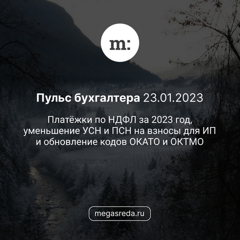📨 Пульс бухгалтера 23.01.2023: платёжки по НДФЛ за 2023 год, уменьшение УСН и ПСН на взносы для ИП и обновление кодов ОКАТО и ОКТМО 📨 Пульс бухгалтера 23.01.2023: платёжки по НДФЛ за 2023 год, уменьшение УСН и ПСН на взносы для ИП и обновление кодов ОКАТО и ОКТМО